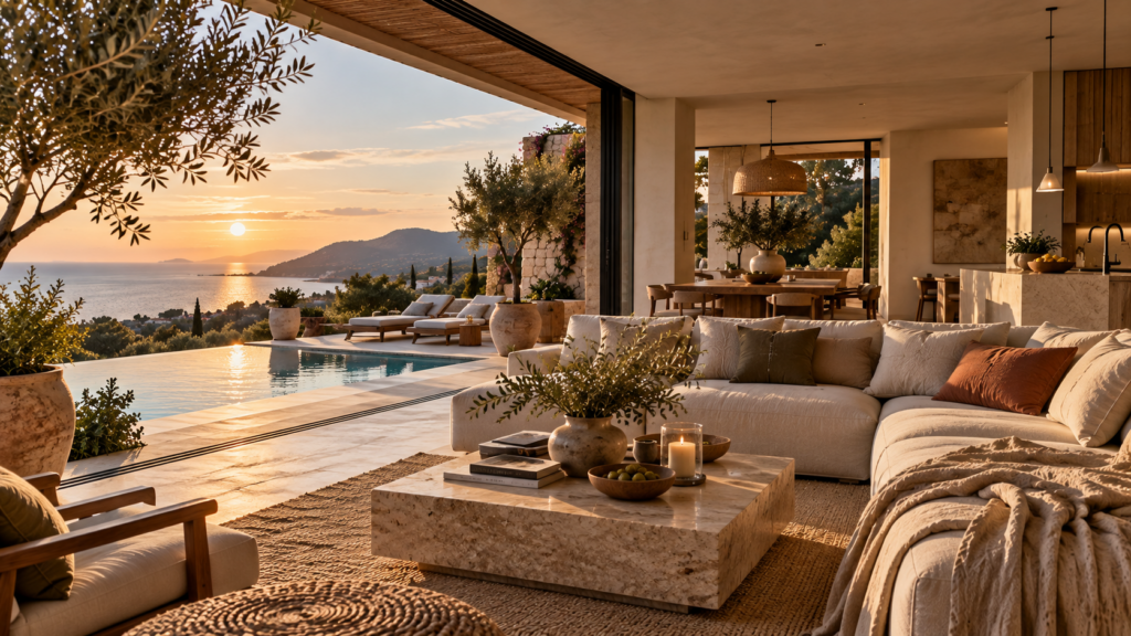 Mediterranes Wohnzimmer mit Naturmaterialien, Infinity-Pool und Meerblick bei Sonnenuntergang