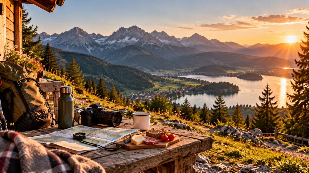 Freizeit und Outdoor-Erlebnis in europäischer Berglandschaft mit See und Wanderausrüstung
