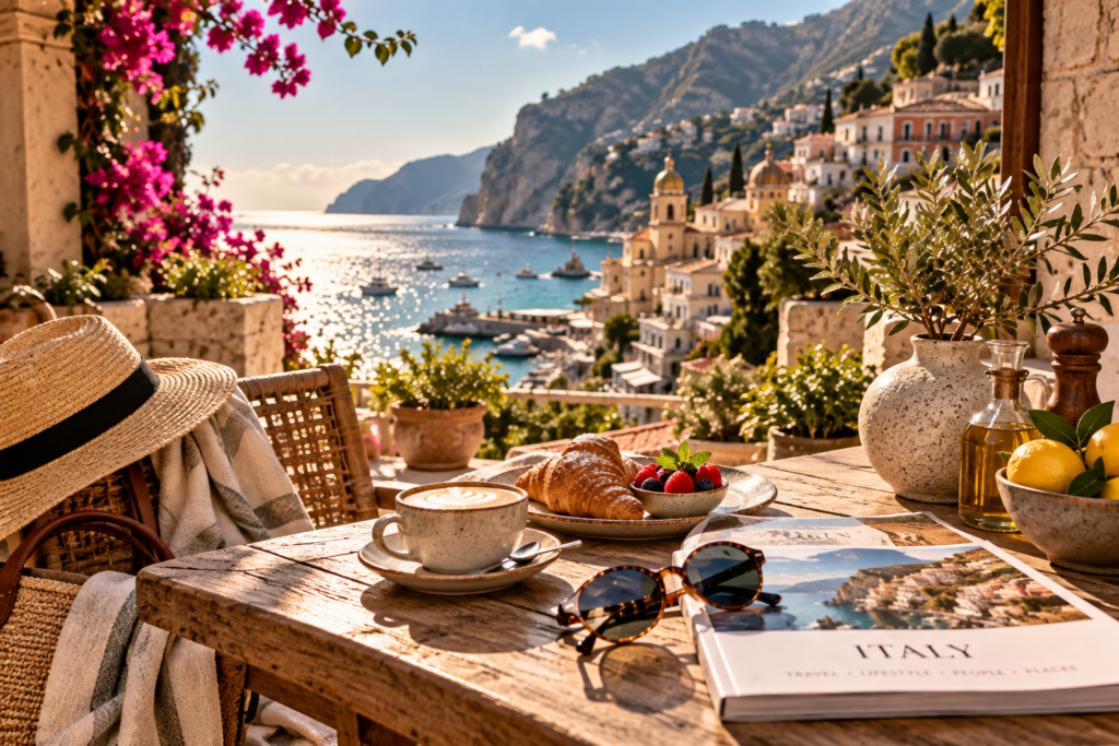 Mediterrane Terrasse mit Kaffee und Reiseaccessoires an der italienischen Küste