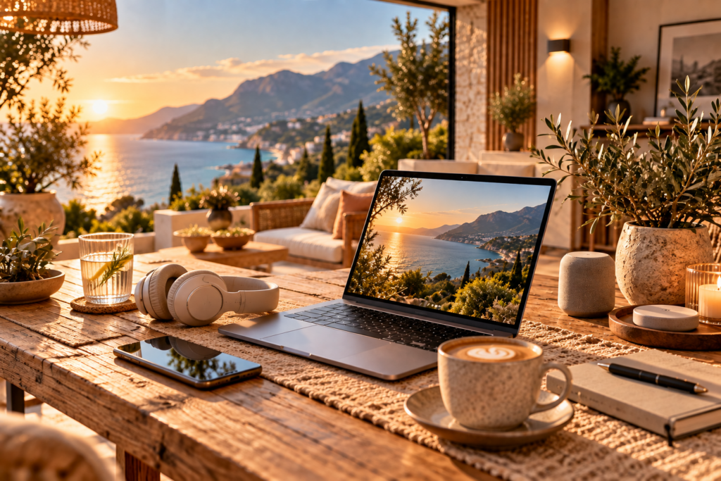 Mediterraner Arbeitsplatz mit Laptop, Smartphone und Kopfhörern mit Blick auf das Meer