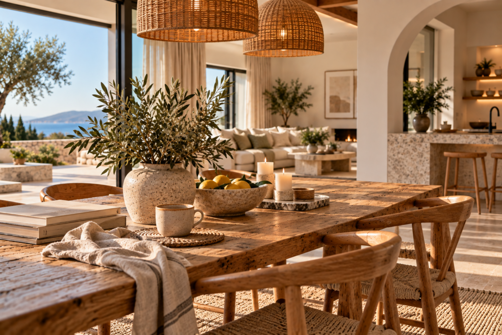 Hochwertiger Essbereich mit Naturmaterialien und mediterran-skandinavischem Interior