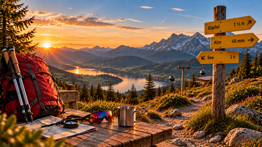 Alpine Berglandschaft mit See, Wanderausrüstung und Seilbahn bei Sonnenuntergang