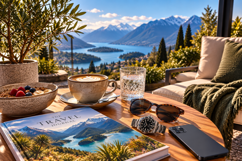 Sonnige Terrasse mit Frühstück, Kaffee, Sonnenbrille, Armbanduhr und Smartphone vor einem See mit Bergpanorama.