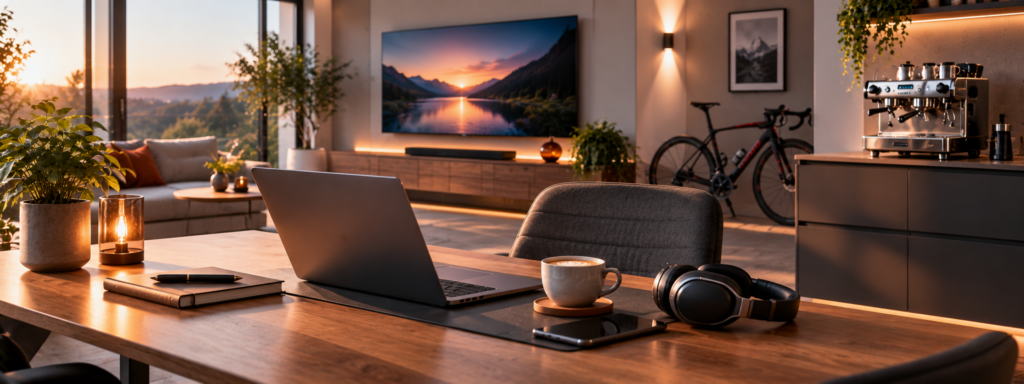 Moderner Wohn- und Arbeitsbereich mit Laptop, OLED-TV, Siebträgermaschine und Rennrad