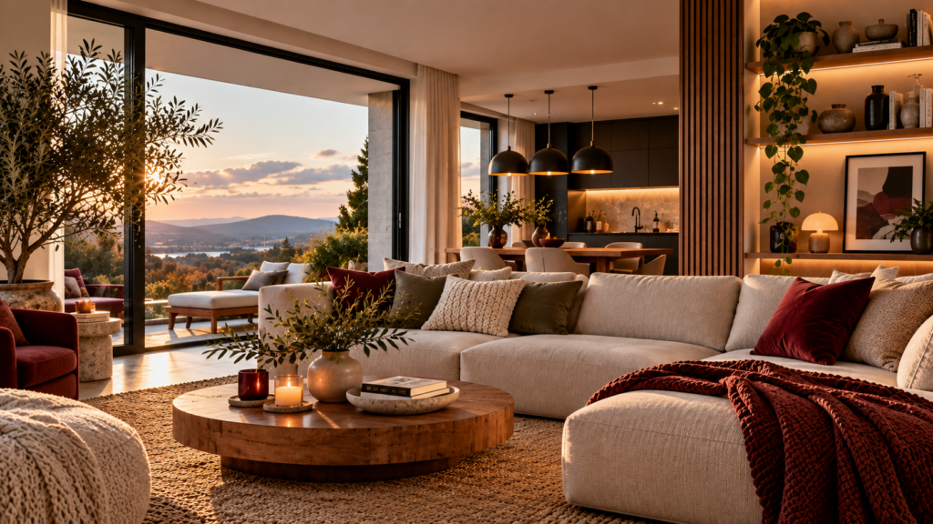 Modernes Wohnzimmer mit warmen Holztönen, hellen Möbeln und bordeauxroten Akzenten